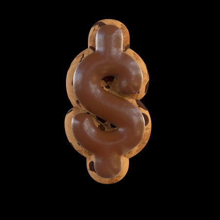 3d rendering of the $ or dollar sign recreating a cookie with chocolate on topの写真素材