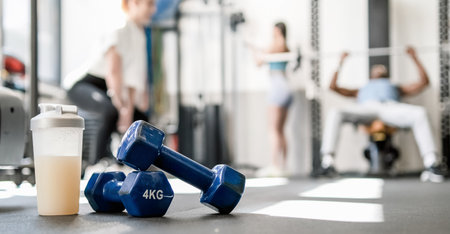 Dumbbells with bottle of protein drink placed on floor in sports clubの写真素材