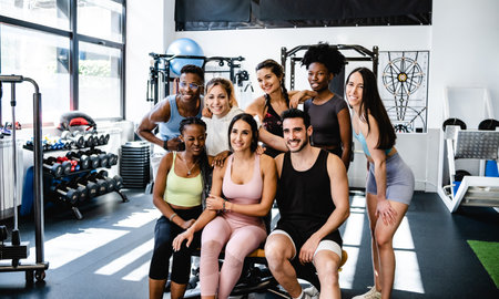 Happy diverse sportspeople having fun in fitness club togetherの写真素材