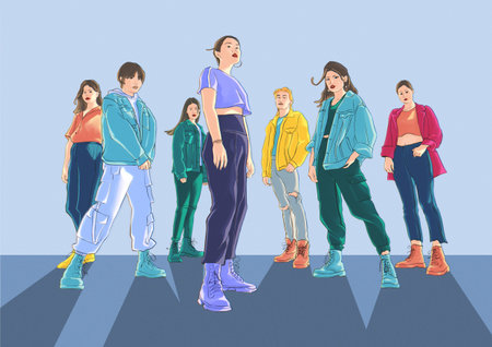 Young stylish people in colorful clothes