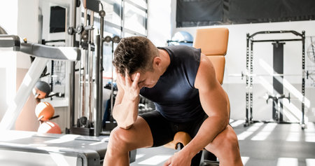 Muscular adult male athlete in sportswear is tired during trainingの写真素材
