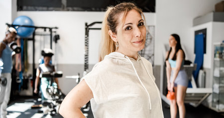 Calm woman standing in modern fitness centerの写真素材