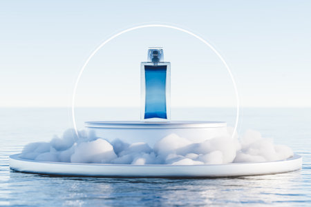 Comestic in a white pedestal for cosmetics in clouds. 3d renderの写真素材
