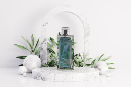 Geometric podium near white leaves. 3d renderの写真素材