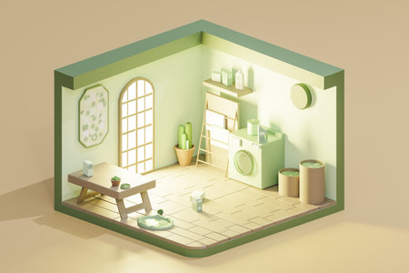 3D render low poly of laundry room painted green, isometric viewの写真素材