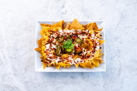 Nachos with sauce served on trayの写真素材