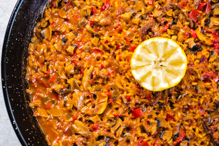 Frying pan with delicious paellaの写真素材