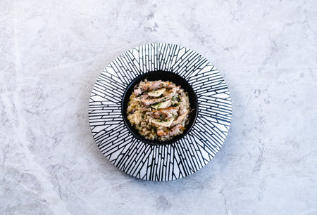 Plate with risotto on a restaurantの写真素材