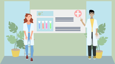 2D vector illustration of male and female doctors telling important informationのイラスト素材