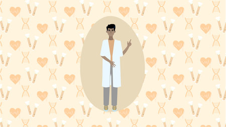 2D vector illustration of male doctor in white uniform pointing finger up getting attentionのイラスト素材
