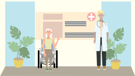Vector image of doctor and senior patient in wheelchair. 2d vectorのイラスト素材