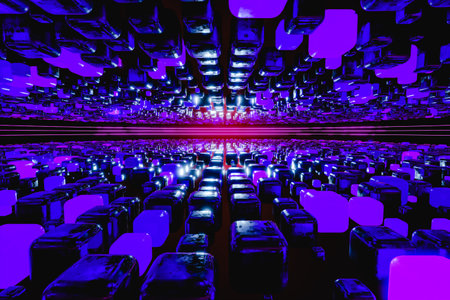 3D render illustration of glass cubes with neon illuminationの写真素材