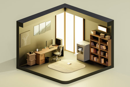 3D render illustration of simple home office interior. Isometric view