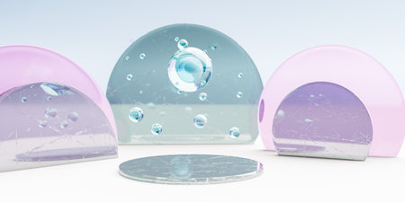 Levitating crystals above glass display. 3d renderの写真素材