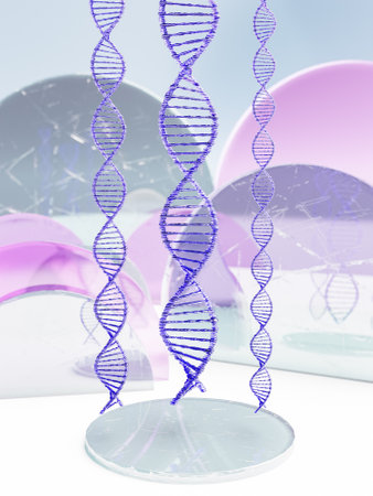 DNA helix above glass display. 3d renderの写真素材