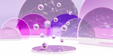 Levitating glass balls above shiny display. 3d renderの写真素材