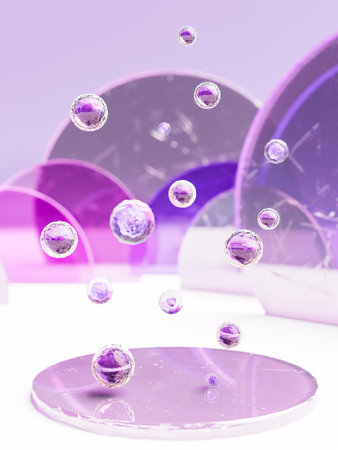 Levitating glass balls above shiny display. 3d renderの写真素材