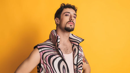 Man with pink clothes and make up smiling at the camera