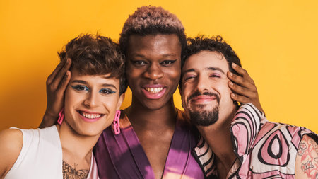 Multiracial transgender men smiling at the camera togetherの写真素材