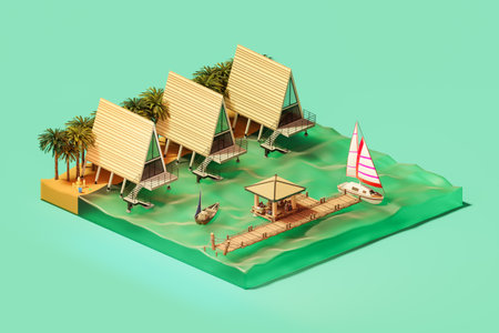 Illustration of houses near sailboat and pier on tropical resort. 3d isometric viewの写真素材
