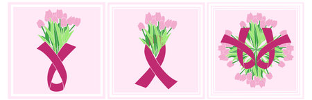 October breast cancer emblem sign for awareness month with ribbon symbol. Vector illustrationのイラスト素材