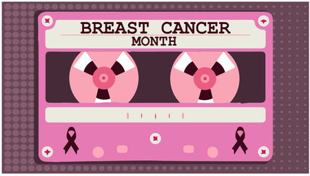 Music cassette tape with ribbons and phrase Breast Cancer Month. illustrationのイラスト素材