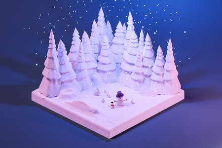 Snowy forest in winter with snowmen while snowing in isometric view. 3d render christmas conceptの写真素材