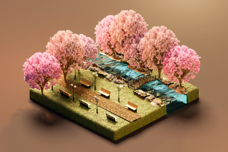 Model of garden with pink blossom trees and benches in light. 3d isometric renderの写真素材