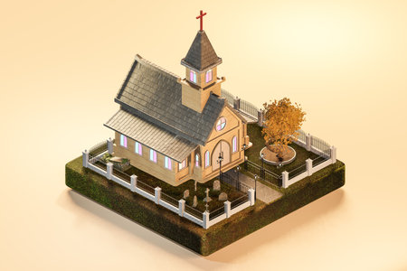 Isometric view of exterior of church model on pale tan background. 3d isometric renderの写真素材