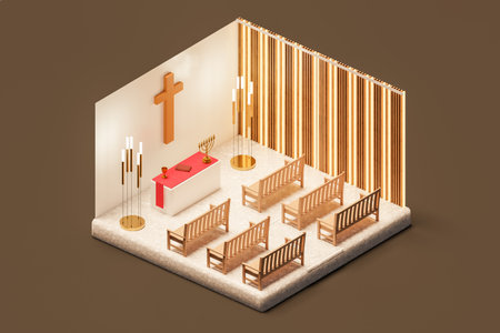 Isometric view of interior of church with cross and benches. 3d isometric renderの写真素材