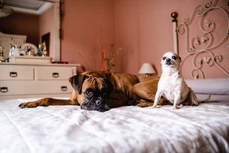 Cute pair of dogs lying on belly on cozy bed