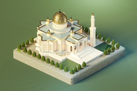 Isometric view of mosque with minaret and green park model. 3d isometric renderの写真素材