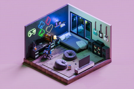 Bedroom gamer room with neon light. 3D isometric renderの写真素材