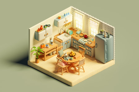Isometric view of kitchen and dining room with fridge. 3d isometric renderの写真素材