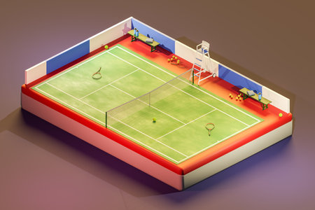 3D isometric render of tennis court with equipmentの写真素材