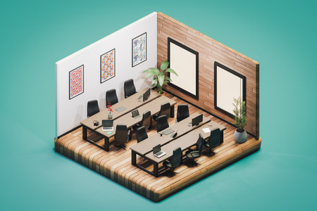 3D isometric low poly office room with many workplace in modern coworkingの写真素材
