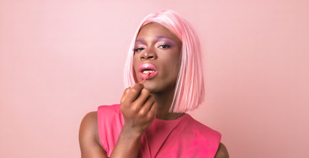 Young black transgender applying lip gloss in studio against pink backgroundの写真素材