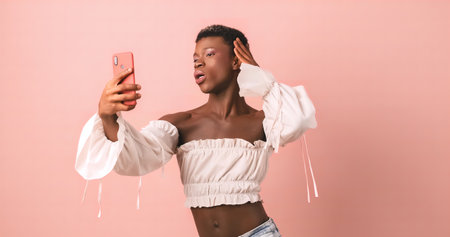 Selfie with phone of black transgender person in photo studio with pink backgroundの写真素材