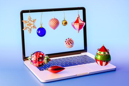 Laptop with christmas decoration and blank screen. 3d renderの写真素材