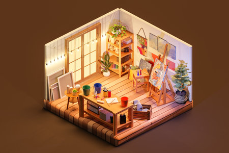 3D isometric render of creative art studio with glowing garlandの写真素材