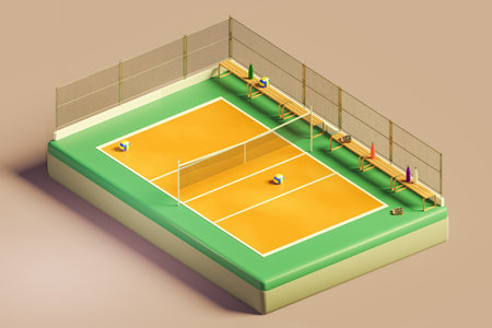 3D isometric render of volleyball court with net and ballsの写真素材