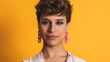 Transgender woman in make up posing while smiling at the cameraの写真素材