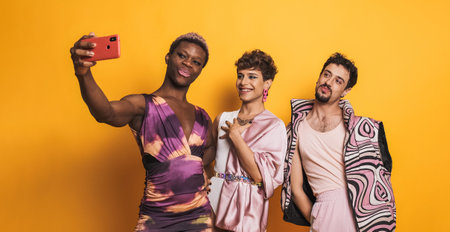 Multiethnic trans men taking a selfie in a photographic studioの写真素材