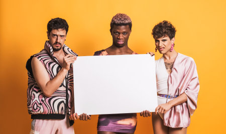 Three trans men holding a white panel with a disapproving face on yellowの写真素材