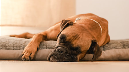 Lazy Boxer dog sleeping on pet bed at homeの写真素材