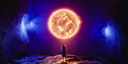 Futuristic traveler admiring burning planet. Sci-Fi scene, 3d renderの写真素材