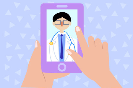 Male doctor with hand of patient swiping on smartphoneのイラスト素材