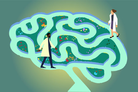 Cartoon diverse doctors walking inside human brain. 2d illustration