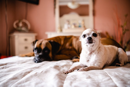 Cute pair of dogs lying on belly on cozy bedの写真素材