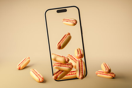 3d rendering of hot dogs grill with mustard on mobile display against beige surfaceの写真素材